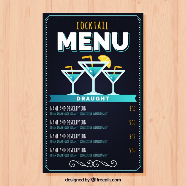 Plantilla de menú de cócteles con diseño plano