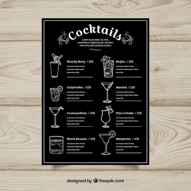 Plantilla de menú de cócteles con diseño plano