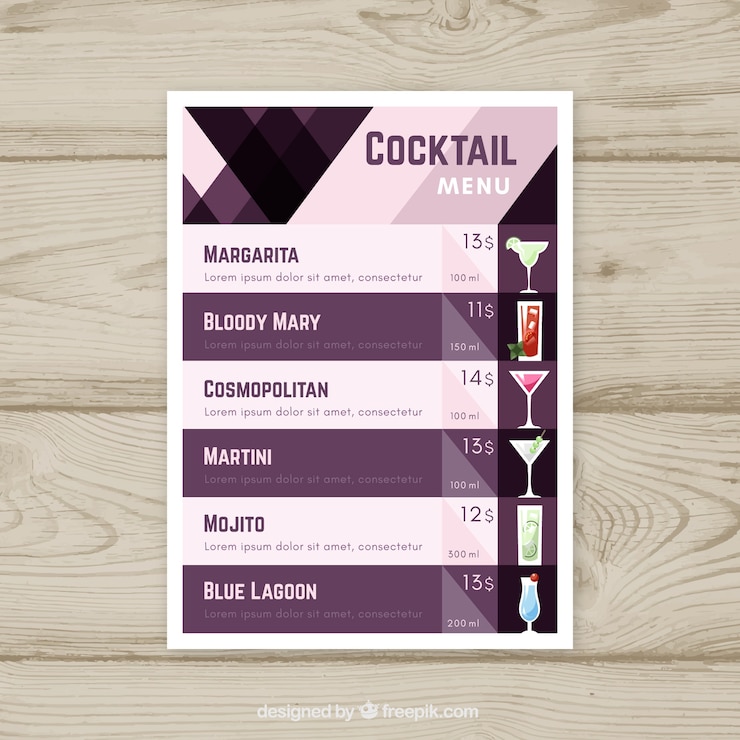 Vector gratuito plantilla de menú de cócteles con diseño plano