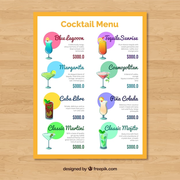 Vector gratuito plantilla de menú de cócteles con diseño plano