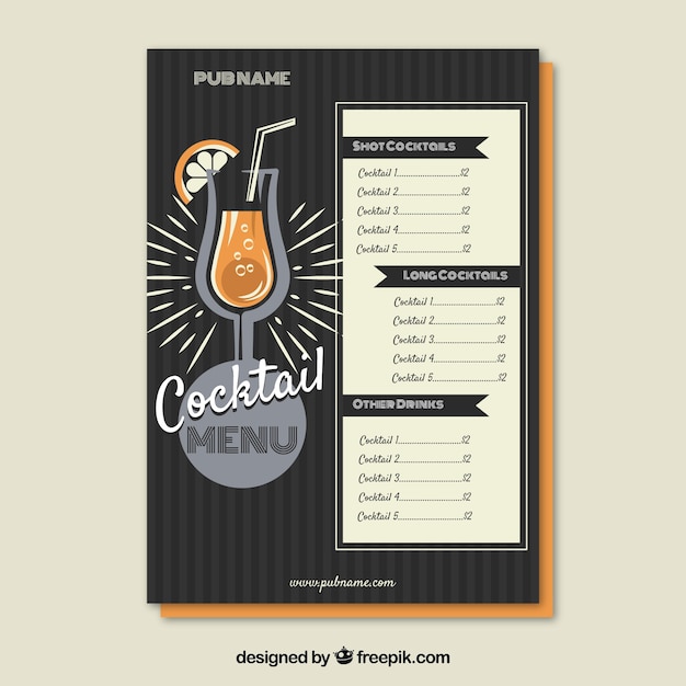 Plantilla de menú de cócteles en estilo plano