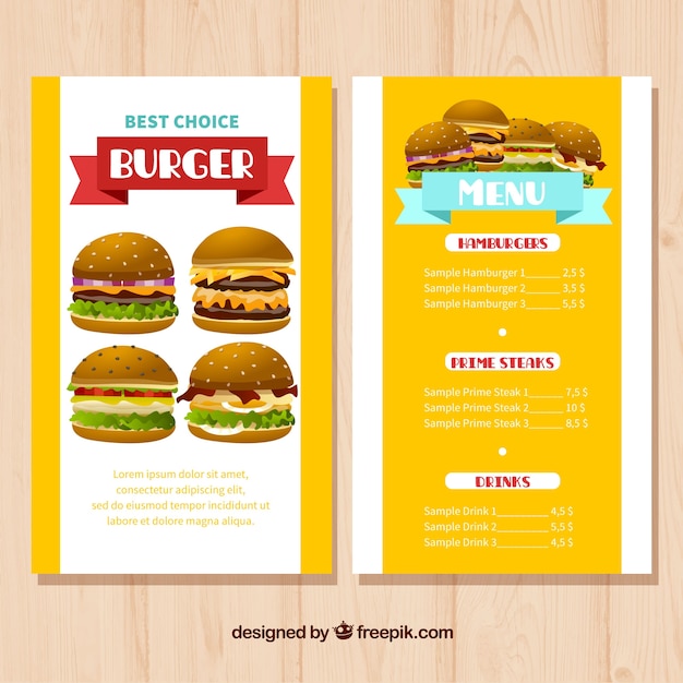 Vector gratuito plantilla de menú de colores con variedad de hamburguesas