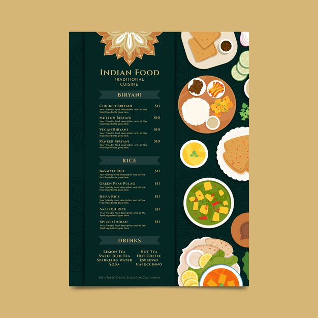 Plantilla de menú de comida de diseño plano