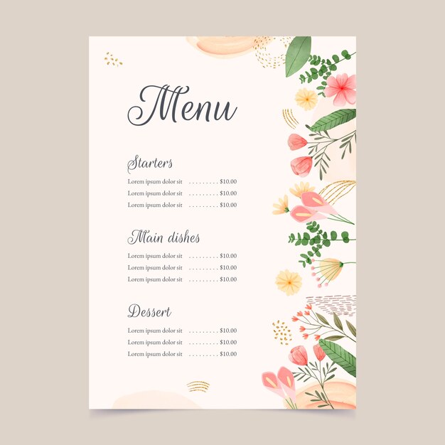Plantilla de menú de comida floral en acuarela