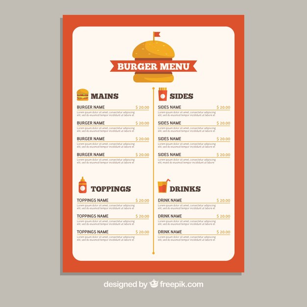 Plantilla de menú de comida rápida en diseño plano