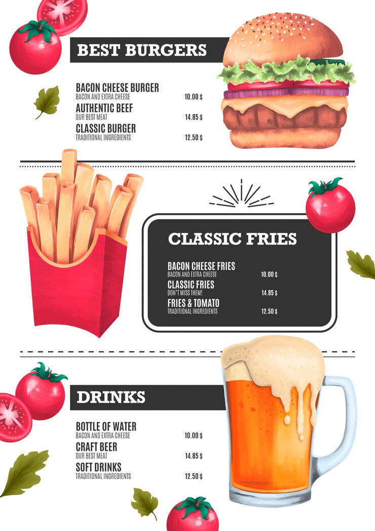 Vector gratuito plantilla de menú de comida rápida con ilustraciones de hamburguesas, papas fritas y cerveza