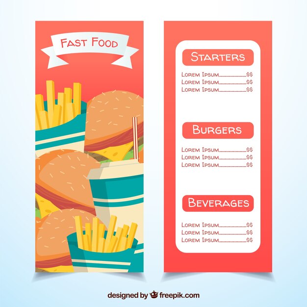 Plantilla de menú de comida rápida plano