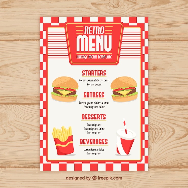 Vector gratuito plantilla de menú de comida rápida retro