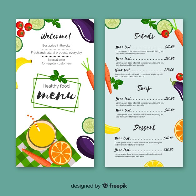 Plantilla de menú de comida saludable en diseño plano