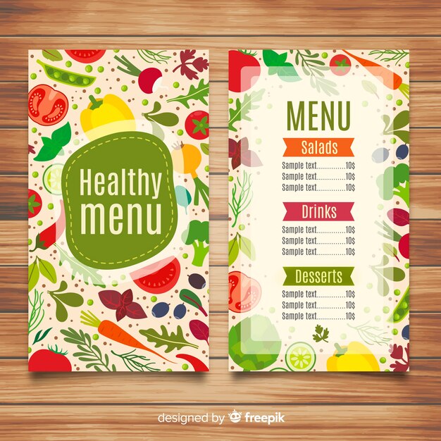 Plantilla de menú de comida saludable en diseño plano