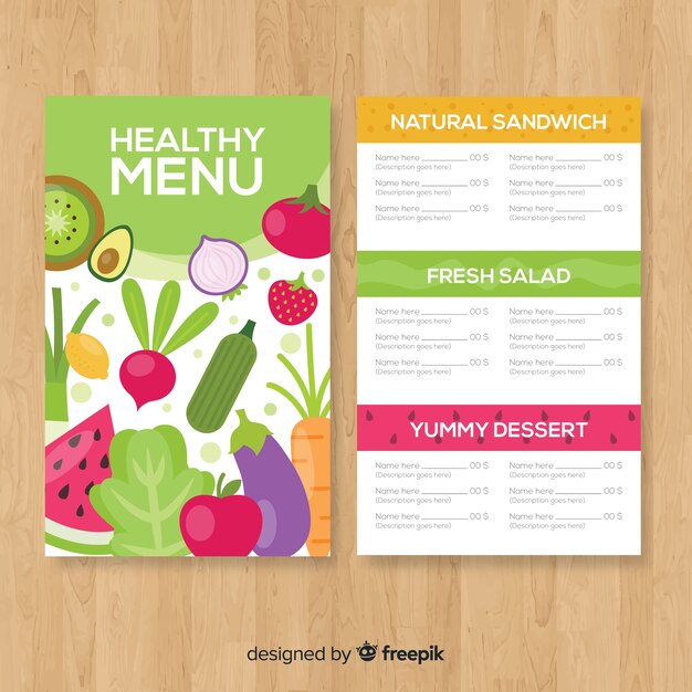 Plantilla de menú de comida saludable en diseño plano