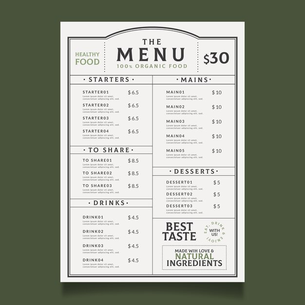 Plantilla de menú de comida sana vintage