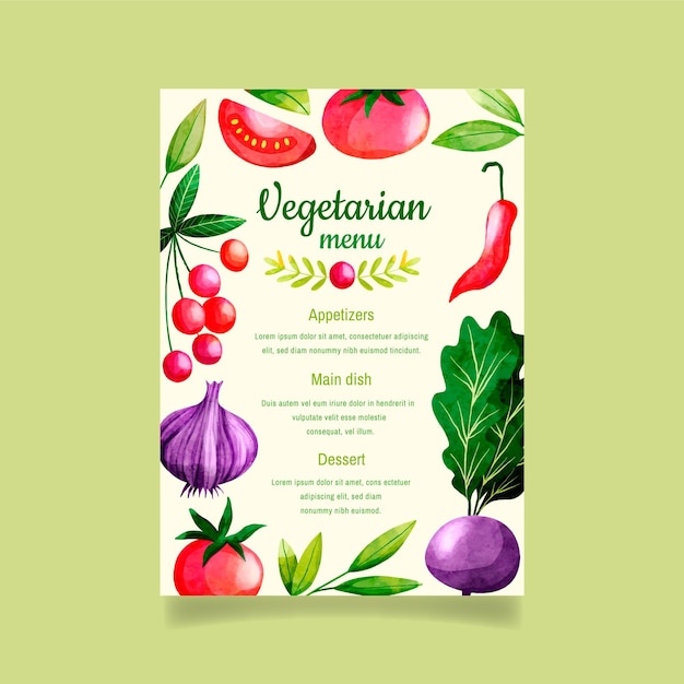 Plantilla de menú de comida vegetariana en acuarela