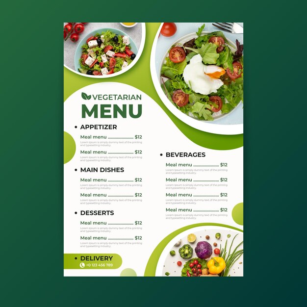 Plantilla de menú de comida vegetariana degradada