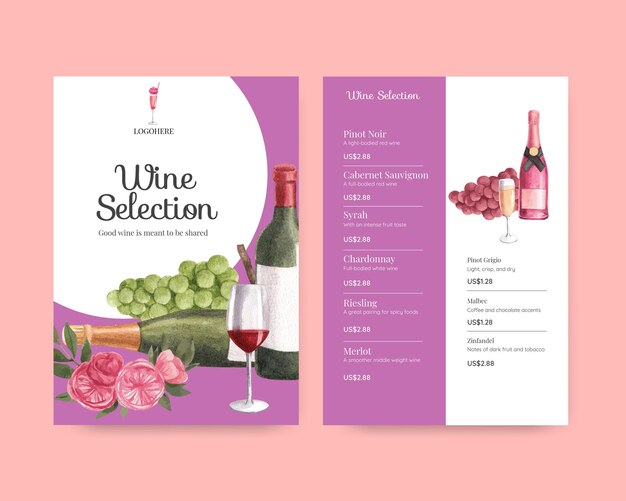 Vector gratuito plantilla de menú con concepto de fiesta de vino, estilo acuarela