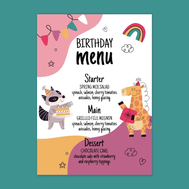 Plantilla de menú de cumpleaños con animales