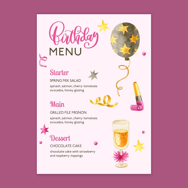 Vector gratuito plantilla de menú de cumpleaños con elementos dibujados