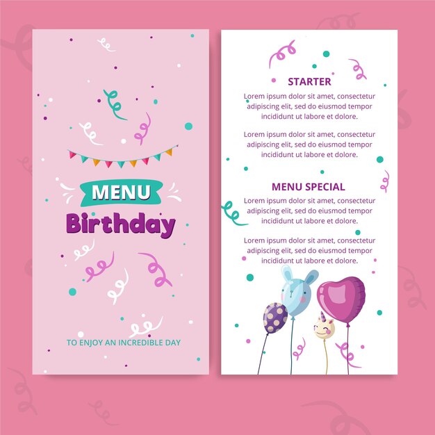 Plantilla de menú de cumpleaños para niños