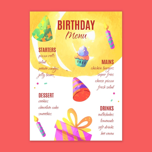 Vector gratuito plantilla de menú de cumpleaños para niños