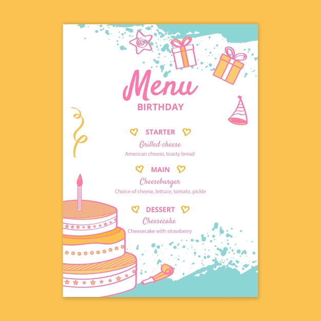 Plantilla de menú de cumpleaños para niños