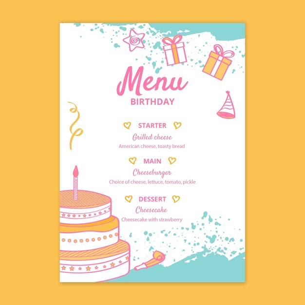 Plantilla de menú de cumpleaños para niños