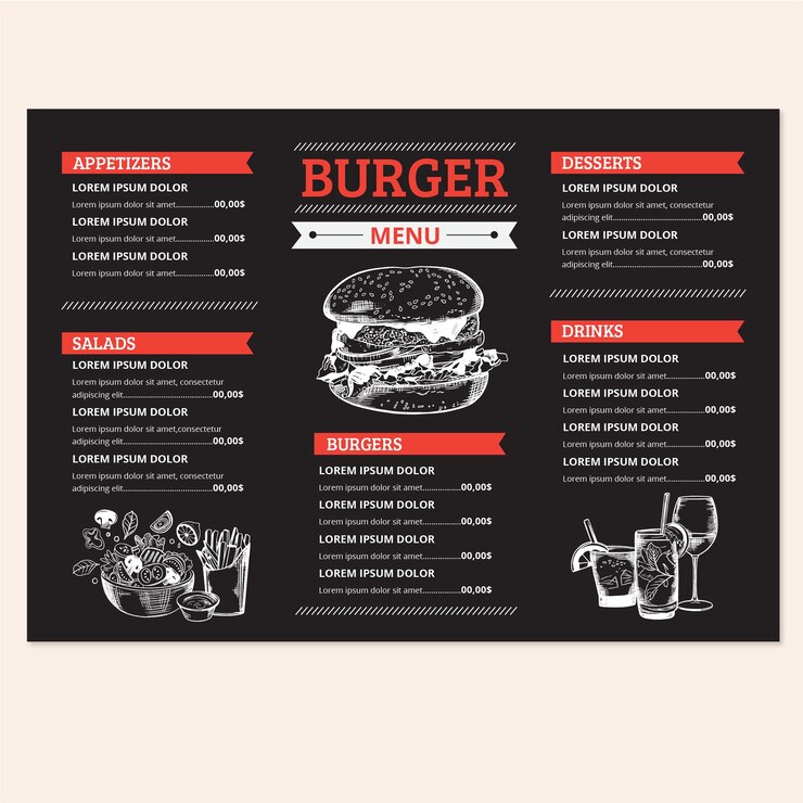 Vector gratuito plantilla de menú de deliciosa hamburguesa