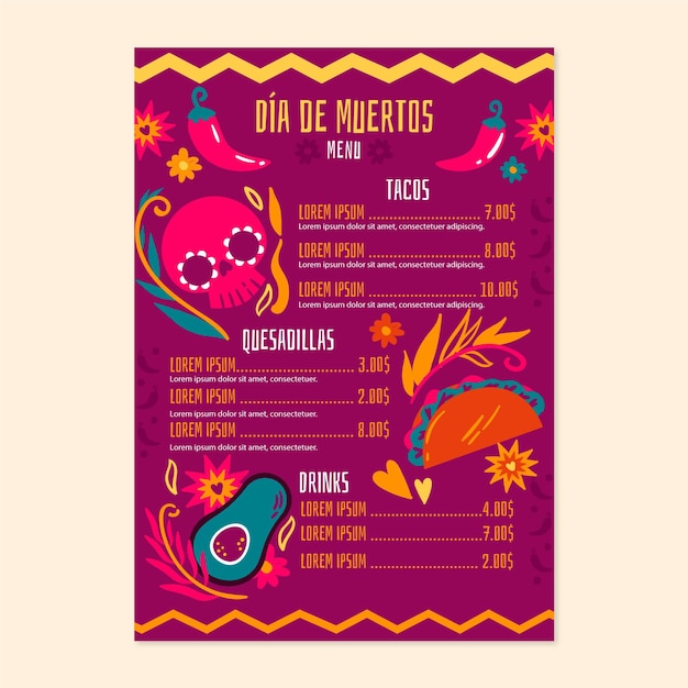 Plantilla de menú de dia de muertos dibujada a mano