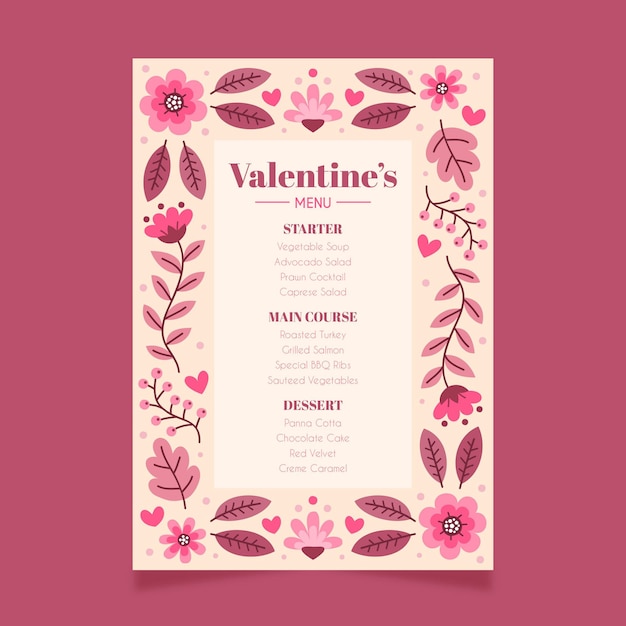 Vector gratuito plantilla de menú del día de san valentín dibujada a mano