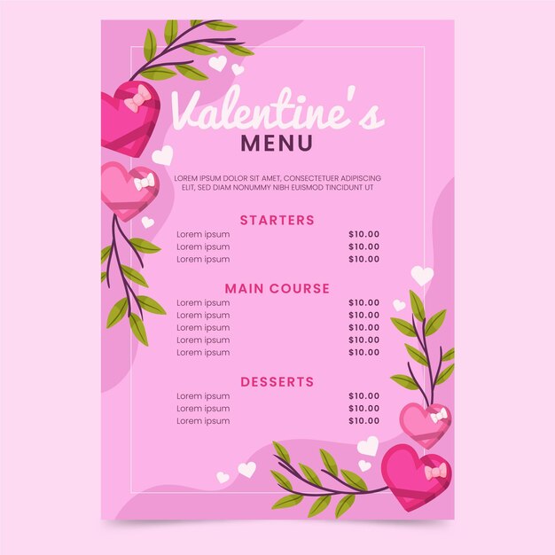 Plantilla de menú del día de san valentín dibujada a mano
