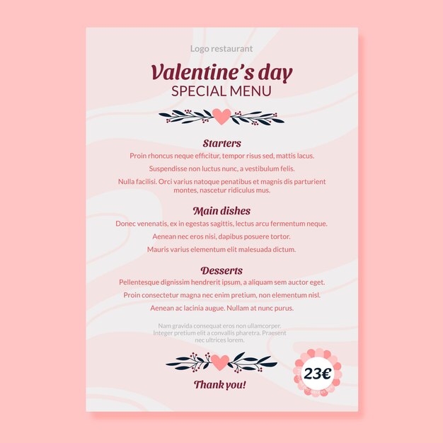 Plantilla de menú del día de san valentín dibujada a mano