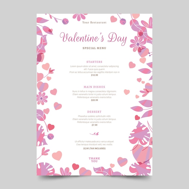 Plantilla de menú del día de san valentín dibujada a mano