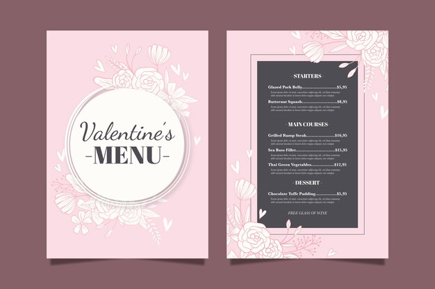 Plantilla de menú de día de San Valentín de diseño plano