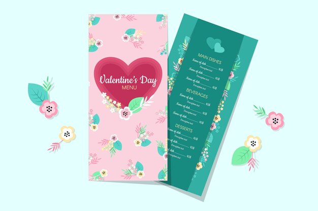 Plantilla de menú de día de san valentín de diseño plano