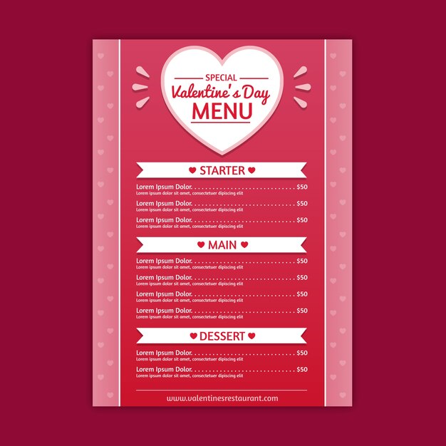 Plantilla de menú del día de san valentín de diseño plano