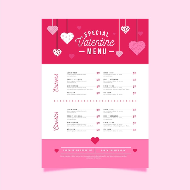 Plantilla de menú de día de San Valentín de diseño plano