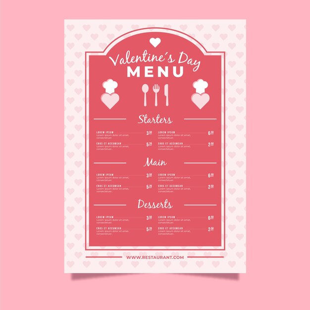 Plantilla de menú de día de San Valentín de diseño plano