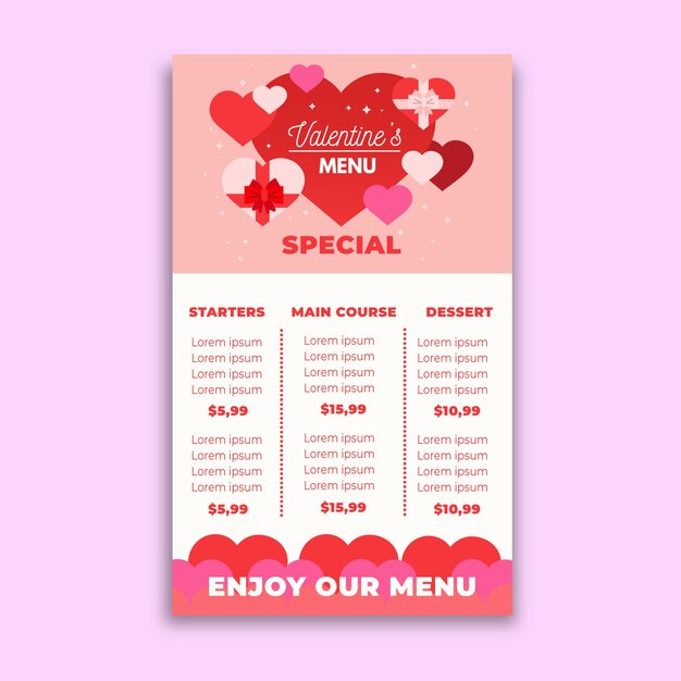 Plantilla de menú de día de San Valentín de diseño plano