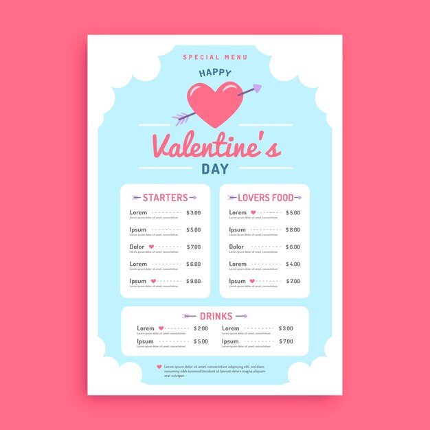 Plantilla de menú del día de san valentín de diseño plano