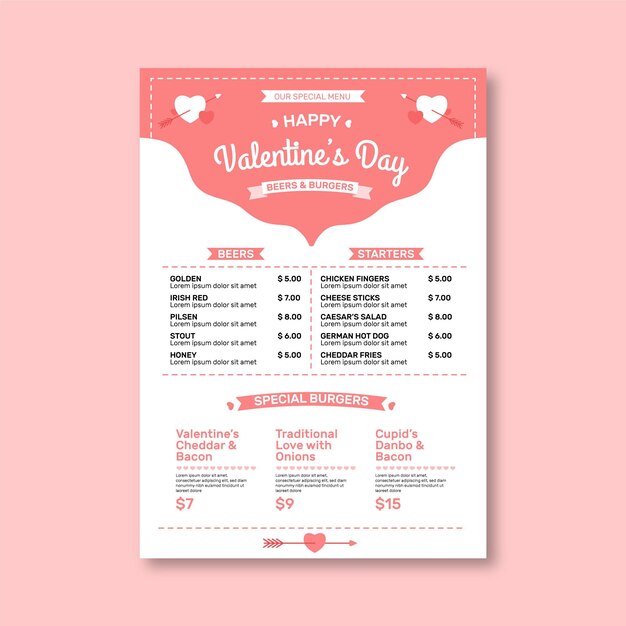 Plantilla de menú del día de san valentín de diseño plano