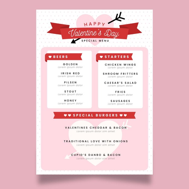 Plantilla de menú del día de san valentín de diseño plano