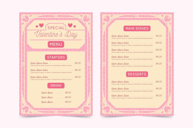 Plantilla de menú del día de san valentín de diseño plano