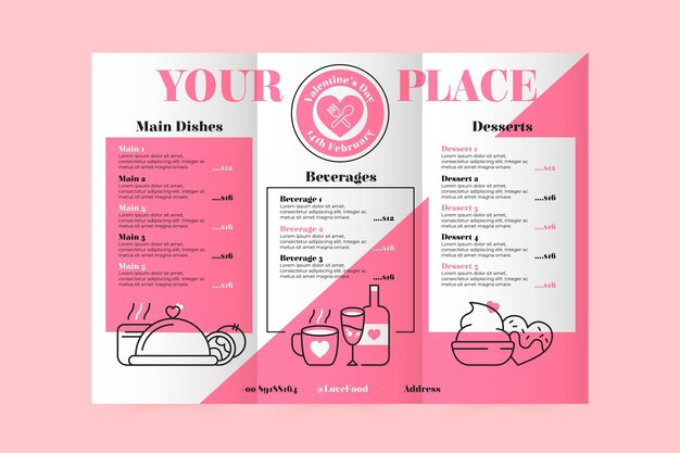 Plantilla de menú del día de san valentín de diseño plano