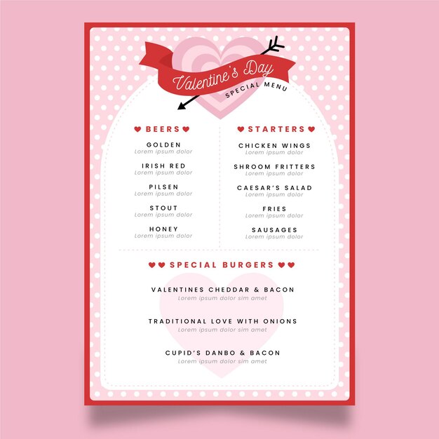 Plantilla de menú del día de san valentín de diseño plano