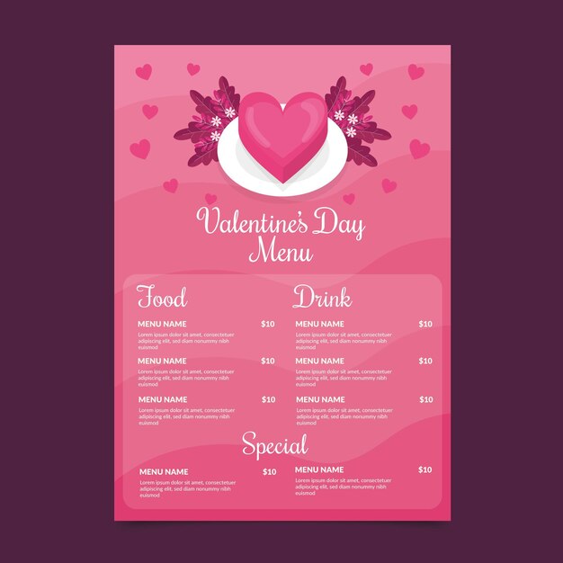 Plantilla de menú del día de san valentín de diseño plano