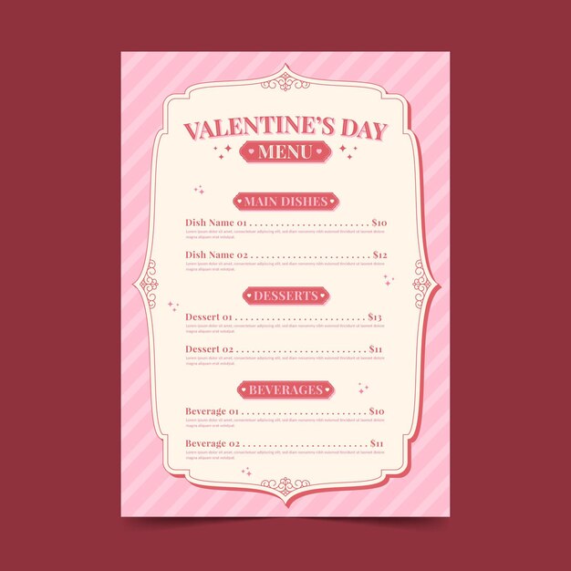 Plantilla de menú de día de san valentín vintage