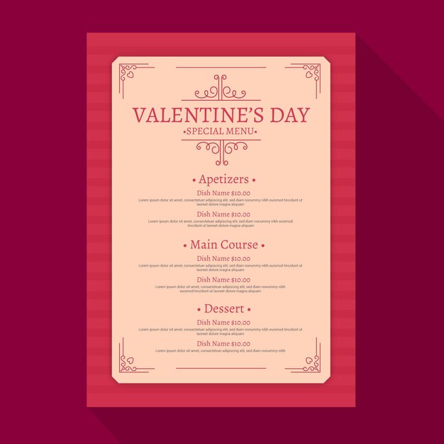 Plantilla de menú de día de san valentín vintage