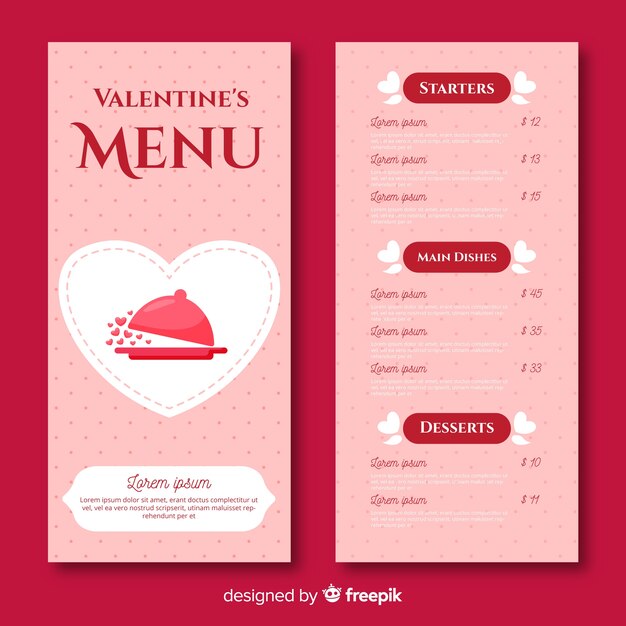 Plantilla de menú para el día de san valentín