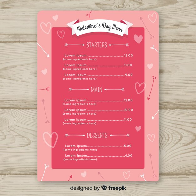 Plantilla de menú para el día de san valentín