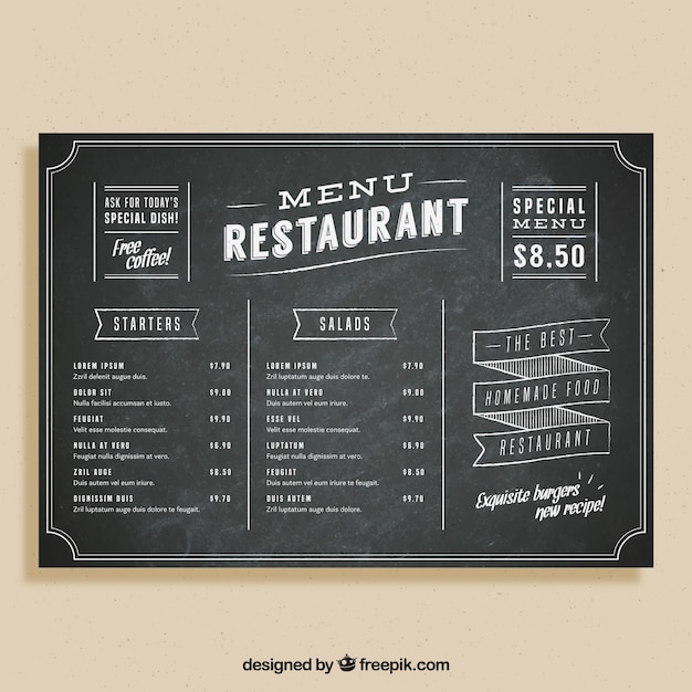 Vector gratuito plantilla de menú en estilo de pizarra para un restaurante