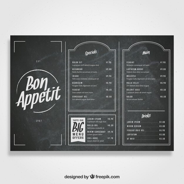 Plantilla de menú en estilo de pizarra para un restaurante